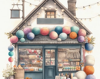 Op de afbeelding: Een kleine winkel met een witte gevel en een bord met de tekst "Yarn Shop". De winkel is versierd met kleurrijke wolbollen en lichtslingers. Er zijn ramen met planken vol wol en andere knutselspullen.