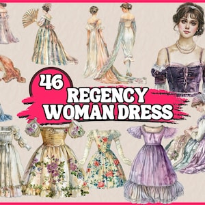 46 PNG Regency Woman Clipart | Regency Era Woman With Dress, Watercolor History People Clipart, Illustrations | Instant Download, Commercial