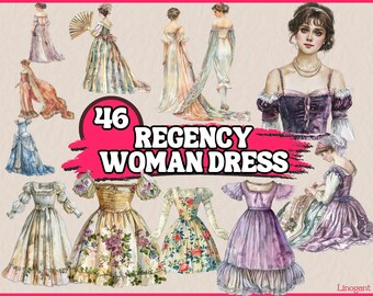 46 PNG Regency Woman Clipart | Regency Era Woman With Dress, Watercolor History People Clipart, Illustrations | Instant Download, Commercial