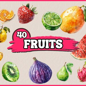 Watercolor Fruits Clipart Bundle, Colorful Fruits Clip Art Set, Fruit PNG Graphics, Natural Fruit Illustration Commercial Use, Fresh Fruits