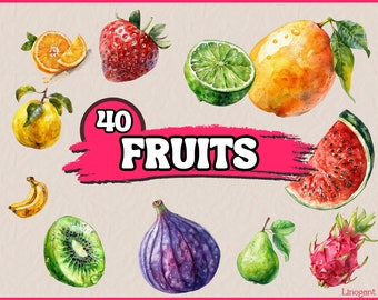 Watercolor Fruits Clipart Bundle, Colorful Fruits Clip Art Set, Fruit PNG Graphics, Natural Fruit Illustration Commercial Use, Fresh Fruits