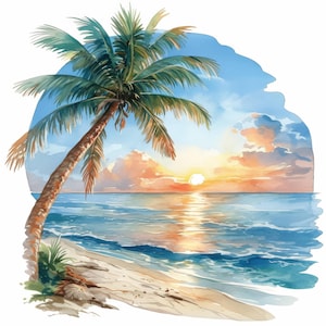 10 Tropical Beach Landscape Clipart Bundle, Coastal Scenery Illustration, Printable Watercolor Clipart, High Quality JPG, Paper Craft