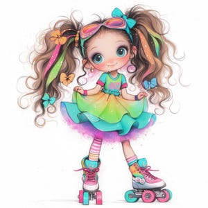Jolly Skating Girls Clip Art 10 High Res Watercolor JPGs for Junk Journaling, Scrapbooking, Card Making, Digital Download, Fantasy, Hobby