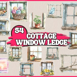 May include: A collection of 54 watercolor illustrations of cottage window ledges. The illustrations feature various objects, including birds, plants, books, yarn, and food. The illustrations are perfect for adding a touch of whimsy and charm to any project.
