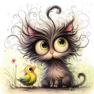 10 Cat and Bird Clip Art, Watercolor Friendship Clipart JPGs, Junk Journals, Scrapbooking, Card Making, Digital Download, Fantasy, Whimsical