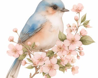 10 Spring Bluebird Clipart Bundle, Songbird Illustration, Printable Watercolor Clipart, High Quality JPG, Paper Craft, Junk Journals