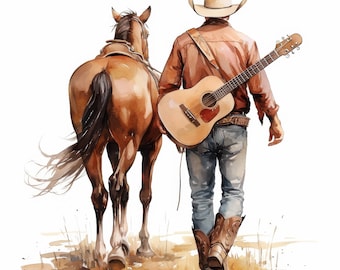 14 Cowboy with Horse Clipart Bundle, Western Riding Scene Illustration, Printable Watercolor Clipart, High Quality JPG, Paper Craft