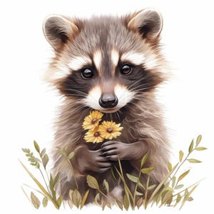 10 Raccoon with Flower Clipart Bundle, Woodland Animal Illustration, Printable Watercolor Clipart, High Quality JPG, Paper Craft, Journals