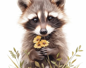 10 Raccoon with Flower Clipart Bundle, Woodland Animal Illustration, Printable Watercolor Clipart, High Quality JPG, Paper Craft, Journals
