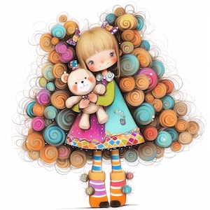 Cartoon Girl and Teddy Bear Clip Art 10 High Res Watercolor JPGs Junk Journals, Scrapbooking, Card Making, Digital Download, Fantasy, Quirky