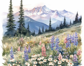 Pacchetto di 15 Clipart di paesaggi di montagne e fiori selvatici, illustrazioni naturalistiche panoramiche, clipart acquerello stampabili, JPG di alta qualità, creazioni di carta