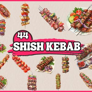 Watercolor Shish Kebab Clipart Bundle, Turkish Food Clip Art Set, Traditional Cuisine, PNG Graphics Illustration for Sticker and Scrapbook