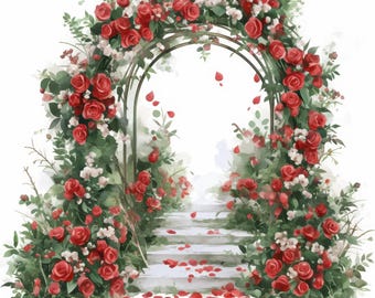 May include: Watercolor illustration of a garden archway adorned with vibrant red roses and white flowers. A stone staircase leads up to the arch, with scattered rose petals on the steps and ground. Green foliage frames the scene.