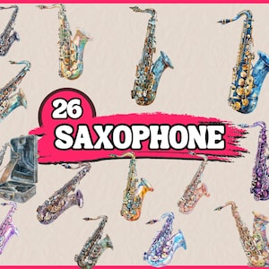 26 PNG Aquarell Saxophon Clipart, Musikinstrument Clipart, elegantes Saxophon Illustration Design, sofortiger Download für kommerzielles Saxophon
