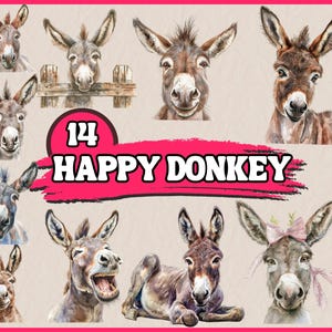 Happy Donkey Clip Art 14 High Res Watercolor PNGs For Junk Journaling, Scrapbooking, Card Making, Digital Download, Fantasy, Whimsical