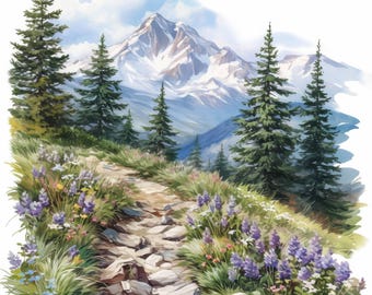 May include: Watercolor painting of a mountain landscape with a stone path leading towards snow-capped peaks. Lush green pine trees and vibrant purple wildflowers line the path. The sky is a soft blue with fluffy white clouds.