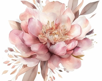 Op de afbeelding: Waterverfillustratie van een grote roze pioenroos met gedetailleerde bloemblaadjes en een gouden centrum. De bloem is omgeven door gedempte bruine en beige bladeren en kleine takjes, met gouden accenten. De afbeelding staat op een witte achtergrond.