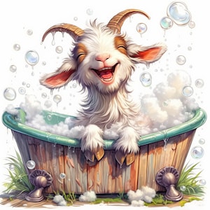 Happy Goat in Bathtub Clip Art 12 High Res Watercolor JPGs Junk Journaling, Scrapbooking, Card Making, Digital Download, Fantasy, Whimsical