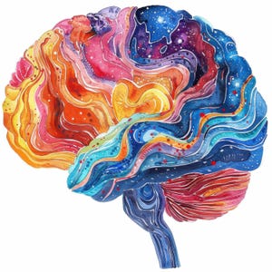 Puede incluir: Ilustración en acuarela de un cerebro humano, que muestra una vibrante gama de colores. La obra de arte presenta secciones en tonos naranja, amarillo, rosa, azul y morado, con un efecto de cielo estrellado en un área. La estructura del cerebro está claramente definida.