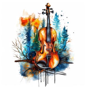 Whimsical Fiddle Clip Art 10 High Res Watercolor JPGs Junk Journaling, Scrapbooking, Card Making, Digital Download, Fantasy, Instrument