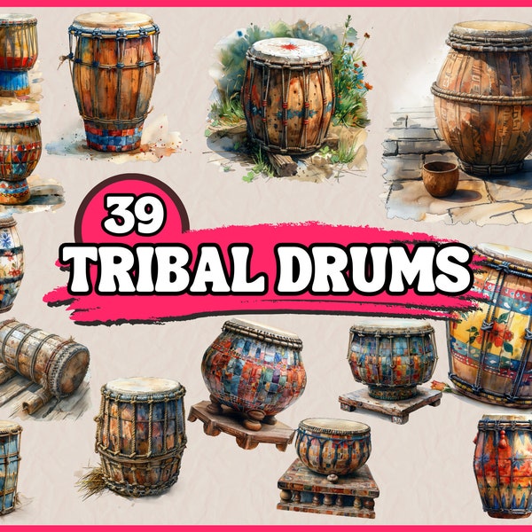 Watercolor Tribal Drums Clipart Bundle, African Drums Clip Art Set, Musical Clipart, Musician Instruments Gifts, PNG Graphics Illustration