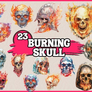 May include: A collection of 23 watercolor illustrations of burning skulls in various poses and styles. The skulls are depicted in shades of red, orange, yellow, and white, with flames surrounding them. The text "23 Burning Skull" is written in bold, white letters on a pink background.
