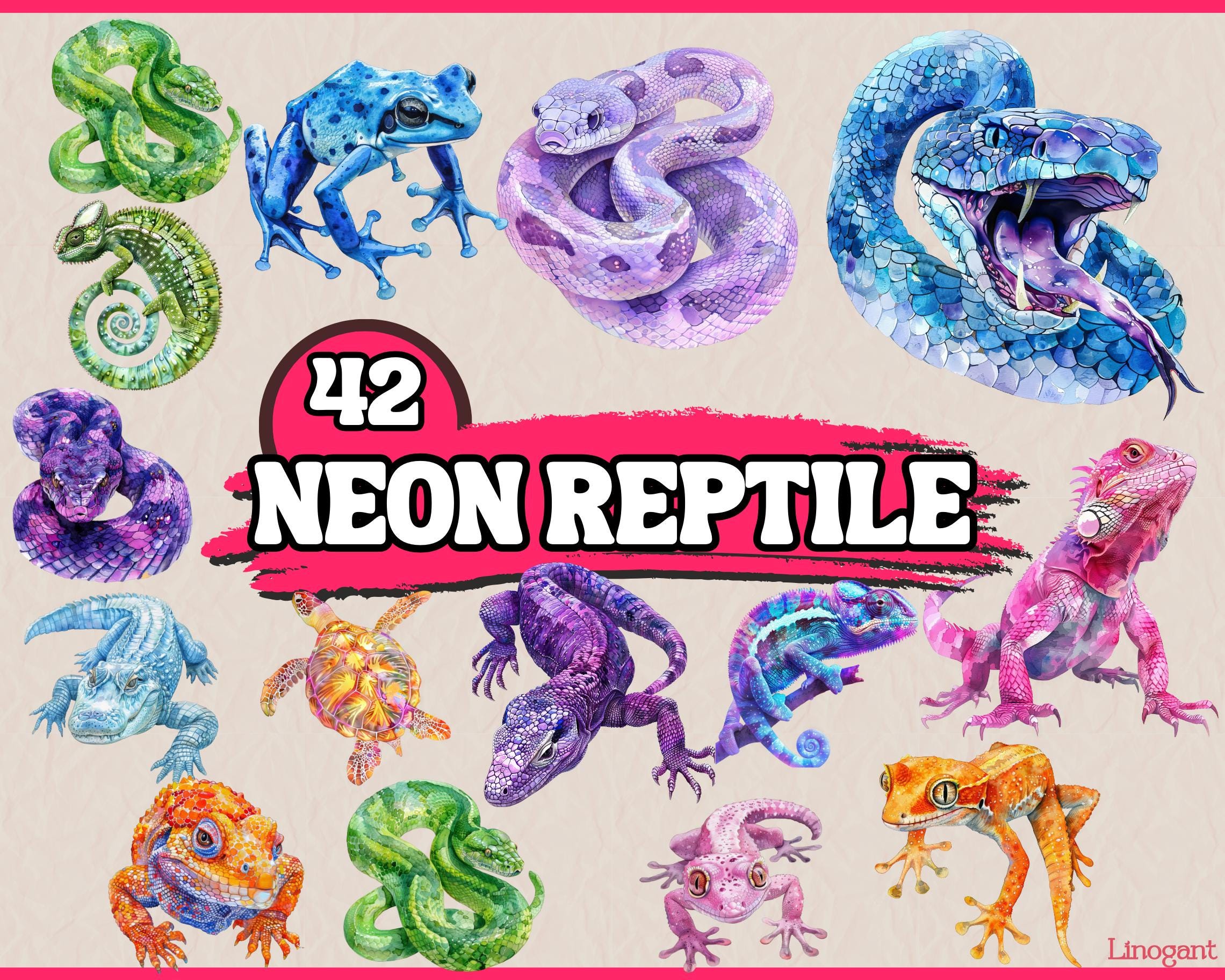 Watercolor Neon Reptile Clipart, Snake, Turtle, Crocodile, Lizard, Chameleon, Frog, Alligator Illustration, Instant Download, Commercial Use