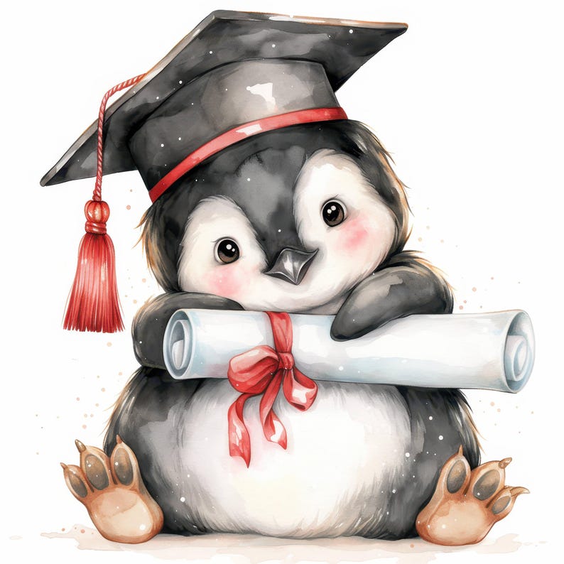 10 Graduation Penguins Clipart, Penguin With Red Scarves Illustration ...