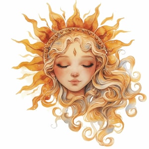 May include: Watercolor illustration of a woman with closed eyes, adorned with a sun-shaped halo. The artwork features warm tones of gold, orange, and peach, with flowing blonde hair and a diamond-shaped gem on her forehead. The style is soft and ethereal.