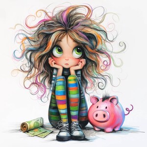 May include: A cartoon girl with colorful hair and striped pants sits with her chin on her hands, looking up thoughtfully. A pink piggy bank sits next to her, and a rolled-up wad of money and some bills are on the floor.