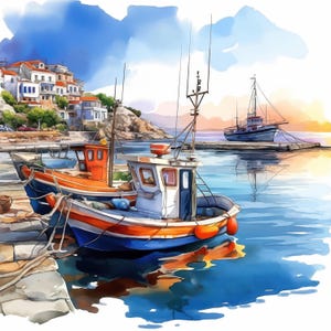 Op de afbeelding: Aquarel schilderij van een haven met kleurrijke vissersboten aangemeerd aan een stenen pier. De boten zijn geschilderd in tinten oranje, blauw en wit. Gebouwen met rode pannendaken liggen langs de kust onder een blauwe lucht.