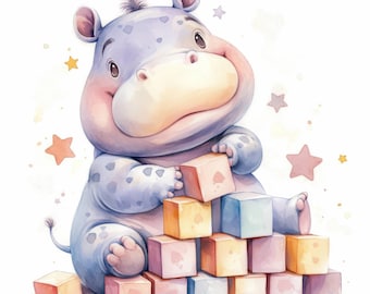 11 Nursery Baby Hippo Clipart Bundle, Safari Nursery Wall Illustration, Printable Watercolor Clipart, High Quality JPG, Paper Craft,