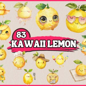 Paquete de imágenes prediseñadas de limón kawaii en acuarela, conjunto de imágenes prediseñadas de frutas lindas, alta resolución, descarga digital, diario basura, ilustración de álbum de recortes