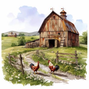 Peut inclure: Aquarelle représentant une ferme rustique avec une grange en bois vieilli et un toit en métal rouillé. Deux coqs au plumage rouge et blanc se promènent sur un chemin de terre. Une clôture en bois et des fleurs sauvages bordent le chemin.