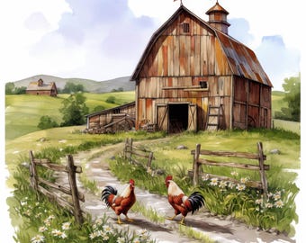 Pakiet 12 clipartów z farmą, ilustracja wiejskiej scenerii do druku, clipart akwarelowy do druku, wysokiej jakości pliki JPG, rękodzieło papierowe, dzienniki śmieci