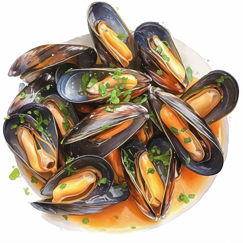 16 Mussels Garlic Herb Clipart Bundle, Delicious Seafood Illustration ...