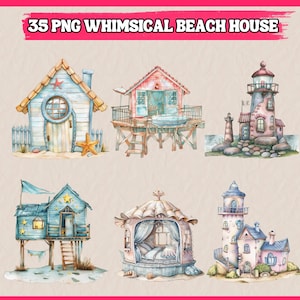 35 PNG ビーチハウス クリップアート、気まぐれなビーチハウス、ファンタジー サマー コテージ バンドル、イラスト | 商用利用のための即時ダウンロード