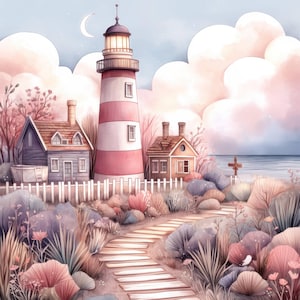 Pastel Lighthouse Path Clip Art 10 High Res Watercolor JPGs Junk Journals, Scrapbooking, Card Making, Digital Download, Fantasy, Whimsical