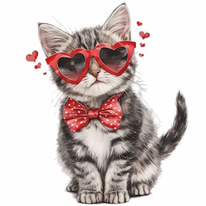 10 Valentine Cats Clipart Bundle, Festive Cute Cats Illustration, Printable Watercolor Clipart, High Quality JPG, Paper Craft, Junk Journals