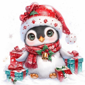 11 Christmas Penguin Clipart Bundle, Winter Holiday Animal Illustration, Printable Watercolor Clipart, High Quality JPG, Paper Craft