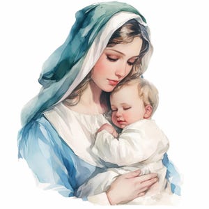 12 Virgin Mary With Baby Jesus Clipart Bundle, Christian Illustration, Printable Watercolor Clipart, High Quality JPG, Junk Journal Crafting