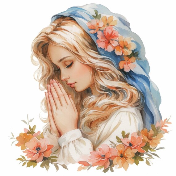 13枚の水彩画、祈りを捧げる聖母マリアのクリップアートセット、宗教的