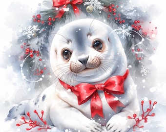 12 Cute Winter Seal Clipart Bundle, Festive Baby Seal Illustration, Printable Watercolor Clipart, High Quality JPG, Paper Craft,Junk Journal