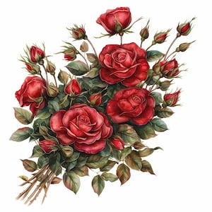 10 Red Roses Clipart Bundle, Romantic Bloom Illustration, Printable Watercolor Clipart, High Quality JPG, Paper Craft, Junk Journals
