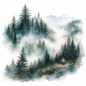 Pacchetto di 15 clipart di alberi della foresta nebbiosa, incantevole illustrazione di paesaggio boschivo, clipart acquerello stampabile, JPG di alta qualità, creazione di carta