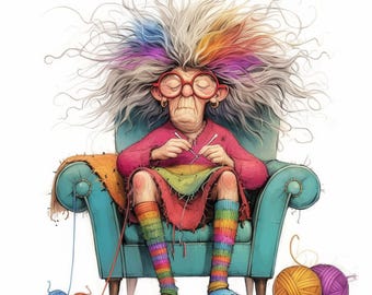 May include: A whimsical illustration of an elderly person knitting while seated in a teal armchair. The person has wild, multi-colored hair, red glasses, and is wearing a pink sweater, rainbow socks, and a colorful skirt. Yarn balls in various colors are scattered around.