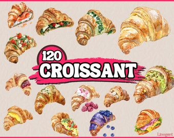 Watercolor Croissant Clipart Bundle, Breakfast Clip Art Set, Bakery, Delicious Food clipart, PNG, Paper craft, Scrapbooking, Junk journal
