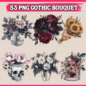 53 PNG Gothic Flower Bouquet Clipart, Floral Clipart with Dark Elements, Fantasy Bundle, Illustrations | Instant Download for Commercial Use
