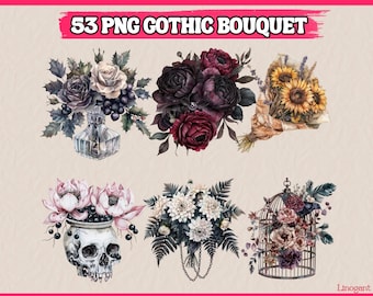 53 PNG Gothic Flower Bouquet Clipart, Floral Clipart with Dark Elements, Fantasy Bundle, Illustrations | Instant Download for Commercial Use