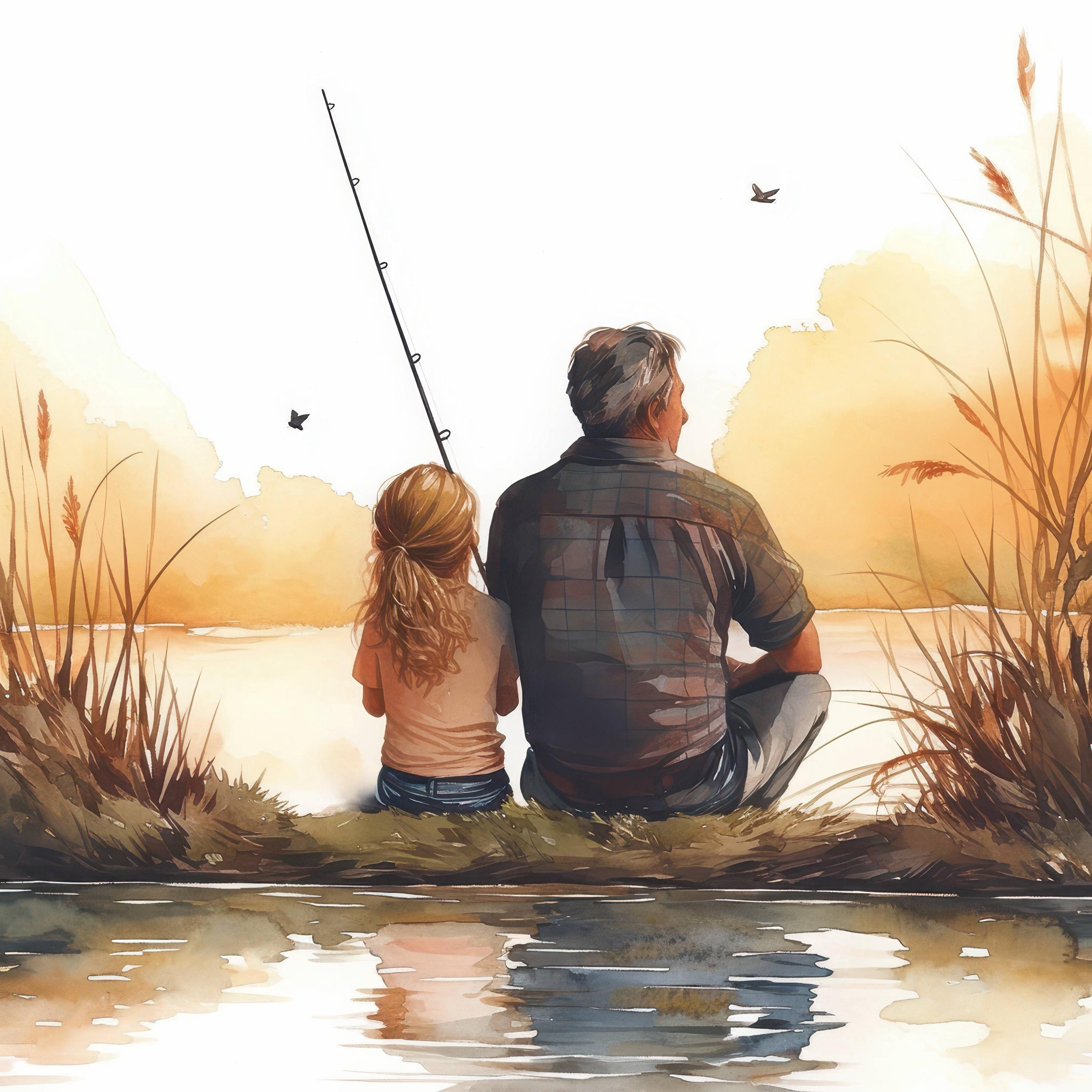 11 Father Daughter Fishing Clipart, Heartwarming Outdoor Scene  Illustration, Printable Watercolor Clipart, High Quality JPG, Paper Craft, image size:3000x3000